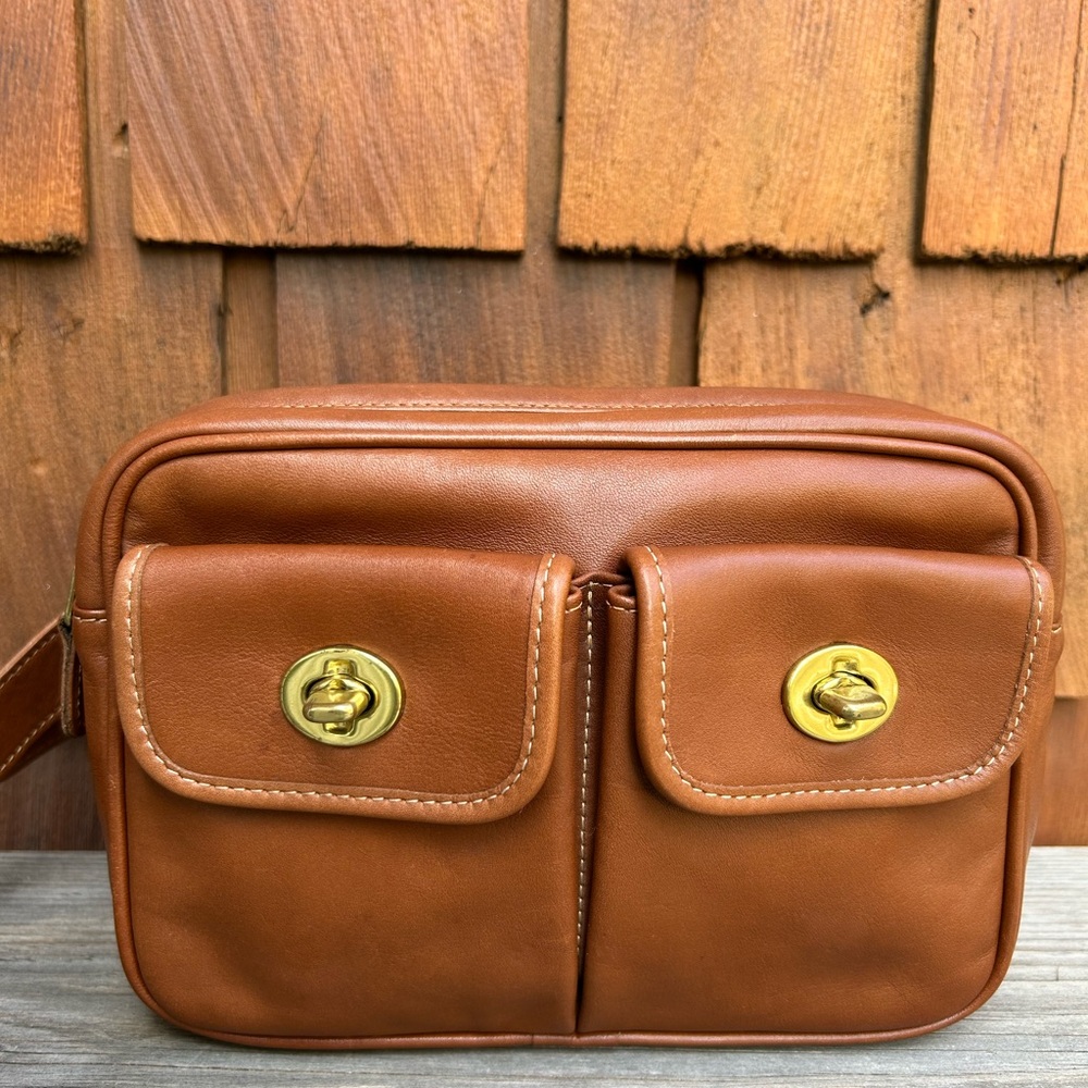 Rare XS/S Vintage Coach Twin Double Turnlock Pocket Waist Pack British Tan